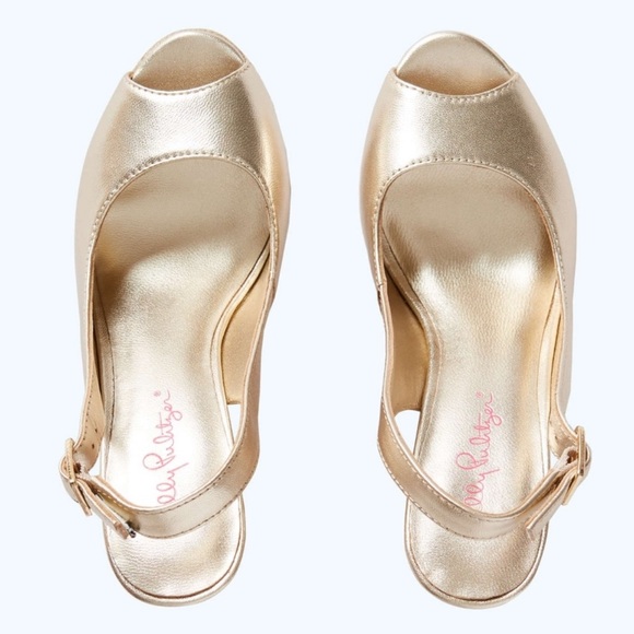 Lily Pulitzer Kristen Peep Toe Gold Wedge Sandals size 10 - Picture 6 of 10